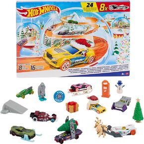 Hot Wheels Toy Cars, 2024 Advent Calendar, 8 1:64 Scale Vehicles, 16 Winter-Themed Accessories & Playmat