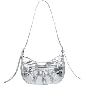GORGLITTER Women's Metallic Shoulder Bag Studded Decor Ruched Hobo Bag Adjustable Strap PU Leather Clutch Shoulder Tote