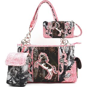 Camouflage Western Style Totes Studded Floral Handbag Tooled Leather Purse Country Women Shoulder Bag Zipper Wallet Set