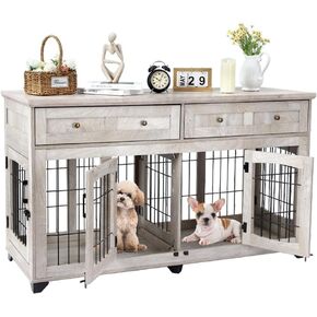 Dog Crate Furniture with Drawer,5 Doors Wooden Dog Kennel End Table with Large Capacity Drawers,Dog House with Openable Divider for Small/Medium/Large Dog,Dog Cage,Side End Table Grey