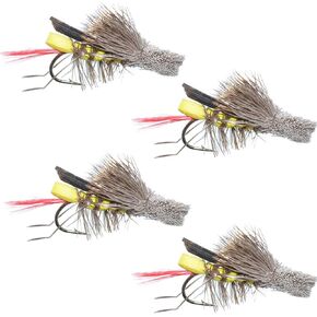 The Fly Fishing Place Dave's Hopper Trout Fly Fishing Flies - Yellow Foam Body Grasshopper Dry Fly - Set of 4 Flies Hook Size 12