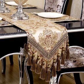European Jacquard Fabric Multi-tassels table runner (14x108 inch, Khaki)