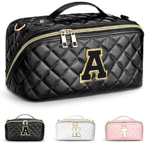 TOPEAST Large Travel Makeup Bag, Personalized Initial Cosmetic Bag Cute Quilted Make Up Bags Open Flat Toiletry Makeup Bag Organizer with Strap Handle, Unique Gifts for Women Friends, A