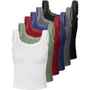 6 Pieces Lace Camisole Tank Tops Womens Lace Cami Undershirt Lace Trim Camisole Lace Straps Ribbed Tank Tops for Women