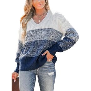 CUPSHE Women Sweater Striped V-Neck Tops Long Drop Sleeve Pullover Casual