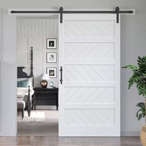 EaseLife 32in x 84in White Barn Door with 5.5 FT Sliding Door Hardware Track Kit Included,Solid MDF Wood Slab Covered with Water-Proof & Scratch-Resistant PVC Surface,DIY Assembly,Easy Install,5-Panel
