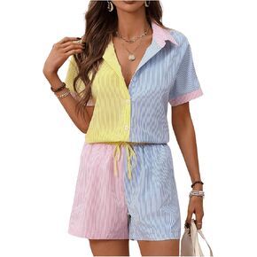 OYOANGLE Women's 2 Piece Outfits Color Block Striped Short Sleeve Button Down Shirt and Tie Front Shorts Set
