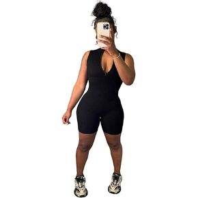 WDIRARA Women's Bodycon Casual Club Jumpsuit Zipper Romper Sexy Stretch Sleeveless Jumpsuit