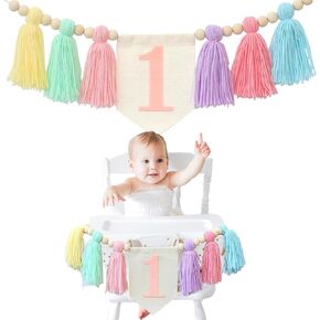 Handmade Boho 1st Birthday High Chair Banner Party Decoration for Girl Baby Shower Wall Hangings Decorative for Kids Bedroom Purple