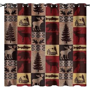 Rustic Cabin Curtains for Bedroom - Vintage Farmhouse Hunting Theme Moose Bear Elk Tree Plaid Window Treatment,Energy Saving Blackout Grommet Curtains 2 Panels 45L x 21W