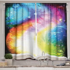 Ambesonne Alice in Wonderland Long Kitchen Curtains, Alice Sitting on Branch and Chescire Cat in Darkness Cartoon Style, Two Panels Drapes with Rod Pocket Room Decor, 55" x 45", Dark Green