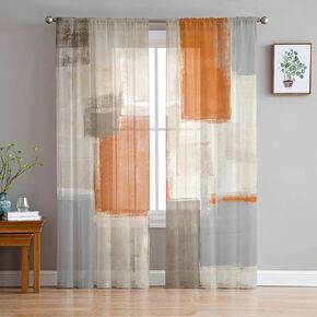 Orange Sheer Curtains 63 Inch Length 2 Panels Set, Orange and Gray Kitchen Curtains Rod Pocket Semi Sheer Drapes for Bedroom Living Room, Voile Window Treatment Abstract Graffiti Curtains Decor