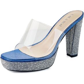 LALA IKAI Women's Platform Slip On Heels Clear Straps Sandals Chunky Block Mules With Rhinestones Wedding Party Evening Prom Dance Shoes