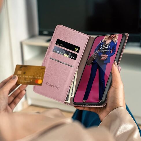حافظة XcaseBar لهاتف Samsung Galaxy S21 FE 5G مع 【RFID Blocking】 حامل بطاقة الائتمان، حافظة هاتف من جلد البولي يوريثان قابلة للطي، غطاء واقٍ مقاوم للصدمات للنساء والرجال لهاتف Samsung S21FE، ذهبي وردي in Saudi Arabia