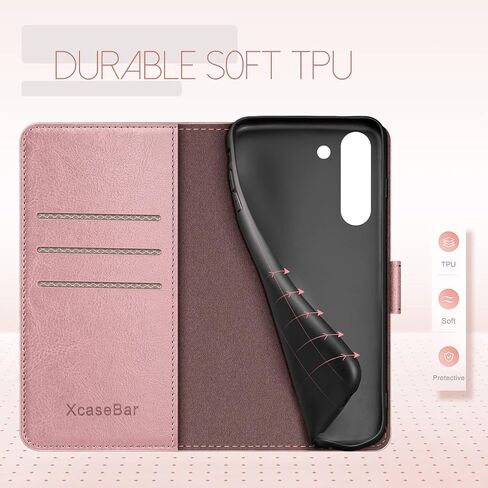 حافظة XcaseBar لهاتف Samsung Galaxy S21 FE 5G مع 【RFID Blocking】 حامل بطاقة الائتمان، حافظة هاتف من جلد البولي يوريثان قابلة للطي، غطاء واقٍ مقاوم للصدمات للنساء والرجال لهاتف Samsung S21FE، ذهبي وردي in Saudi Arabia