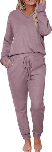Womens Pajama Sets Waffle Knit 2 Piece Lounge Sets Sleepwear Loungewear Pjs Sets Long Sleeve V Neck Top and Pant Fall in Saudi Arabia