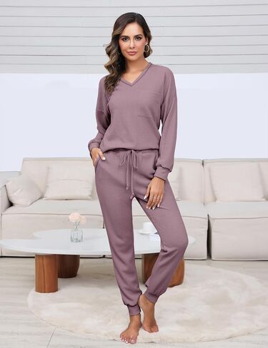 Womens Pajama Sets Waffle Knit 2 Piece Lounge Sets Sleepwear Loungewear Pjs Sets Long Sleeve V Neck Top and Pant Fall in Saudi Arabia