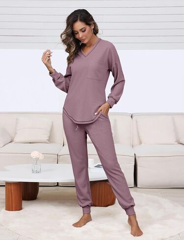 Womens Pajama Sets Waffle Knit 2 Piece Lounge Sets Sleepwear Loungewear Pjs Sets Long Sleeve V Neck Top and Pant Fall in Saudi Arabia