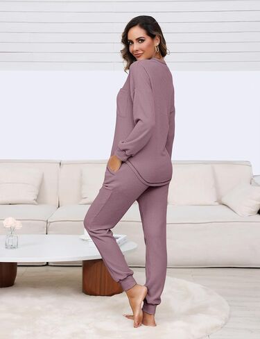 Womens Pajama Sets Waffle Knit 2 Piece Lounge Sets Sleepwear Loungewear Pjs Sets Long Sleeve V Neck Top and Pant Fall in Saudi Arabia