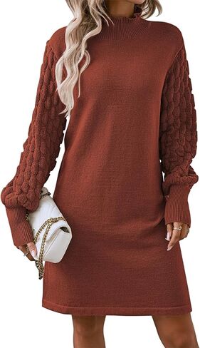 Sovoyontee Women's 2023 Fall Long Sleeve Mock Neck Sweater Dress Casual Loose Ribbed Knit Mini Short Pullover Dresses in Kuwait