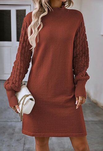 Sovoyontee Women's 2023 Fall Long Sleeve Mock Neck Sweater Dress Casual Loose Ribbed Knit Mini Short Pullover Dresses in Kuwait