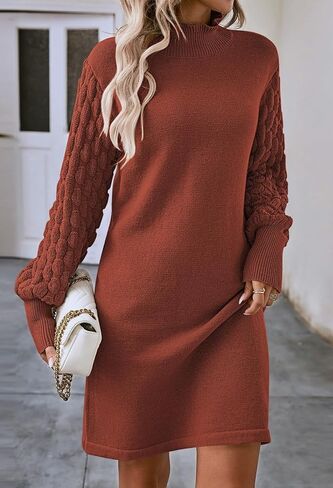 Sovoyontee Women's 2023 Fall Long Sleeve Mock Neck Sweater Dress Casual Loose Ribbed Knit Mini Short Pullover Dresses in Kuwait