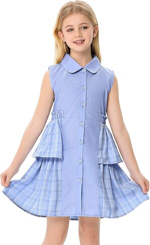 Little Girls Turn Down Collar Dresses Stitching Plaid Shirtdress Swing Ruffle Dress for 3-12 Years in Saudi Arabia