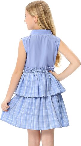 Little Girls Turn Down Collar Dresses Stitching Plaid Shirtdress Swing Ruffle Dress for 3-12 Years in Saudi Arabia