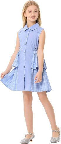 Little Girls Turn Down Collar Dresses Stitching Plaid Shirtdress Swing Ruffle Dress for 3-12 Years in Saudi Arabia