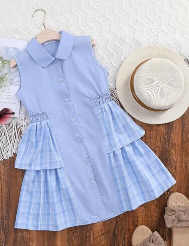 Little Girls Turn Down Collar Dresses Stitching Plaid Shirtdress Swing Ruffle Dress for 3-12 Years in Saudi Arabia