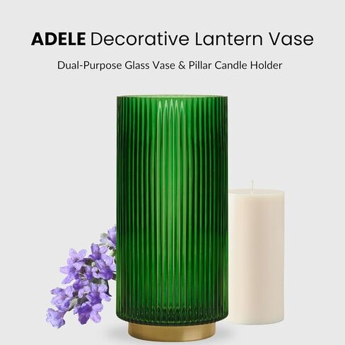 Torre & Tagus Adele Emerald Green Glass Vase with Gold Metal Base - Premium Clear Glass Cylinder Vase for Decor & Ribbed Glass Vase for Flowers, Emerald Green and Gold Decor for Table Centerpiece in Saudi Arabia