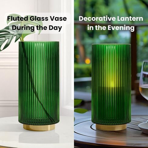 Torre & Tagus Adele Emerald Green Glass Vase with Gold Metal Base - Premium Clear Glass Cylinder Vase for Decor & Ribbed Glass Vase for Flowers, Emerald Green and Gold Decor for Table Centerpiece in Saudi Arabia