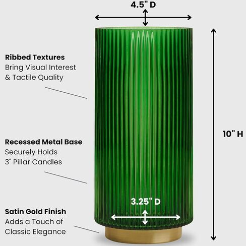 Torre & Tagus Adele Emerald Green Glass Vase with Gold Metal Base - Premium Clear Glass Cylinder Vase for Decor & Ribbed Glass Vase for Flowers, Emerald Green and Gold Decor for Table Centerpiece in Saudi Arabia