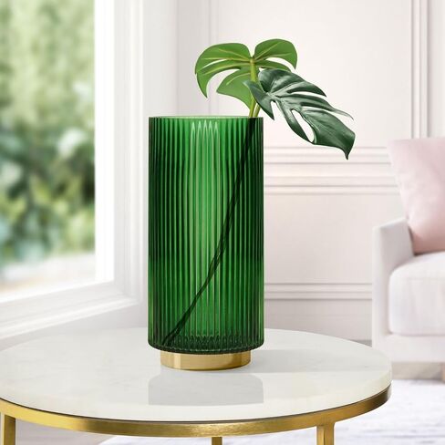 Torre & Tagus Adele Emerald Green Glass Vase with Gold Metal Base - Premium Clear Glass Cylinder Vase for Decor & Ribbed Glass Vase for Flowers, Emerald Green and Gold Decor for Table Centerpiece in Saudi Arabia