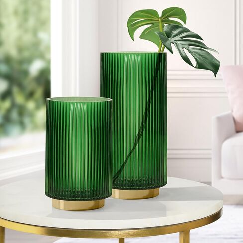 Torre & Tagus Adele Emerald Green Glass Vase with Gold Metal Base - Premium Clear Glass Cylinder Vase for Decor & Ribbed Glass Vase for Flowers, Emerald Green and Gold Decor for Table Centerpiece in Saudi Arabia