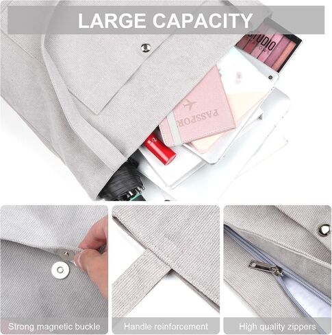 Corduroy Tote Bag for Women, Large Capacity, Adjustable Shoulder Strap, Main Zippered Pocket in Saudi Arabia