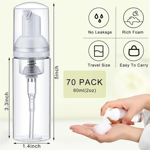 70 Pcs 2 oz Plastic Foam Soap Dispensers Refillable Lash Shampoo Bottles with Pump Mini Eyelash Cleaning Foam Bottle Dispenser for Refillable Travel Cosmetics (Transparent) in Saudi Arabia
