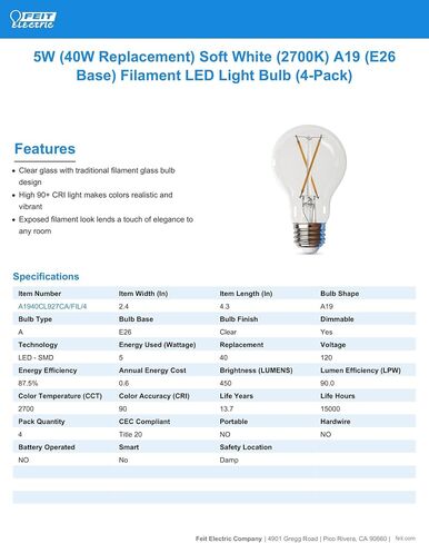 Feit Electric LED Clear A19 Medium Base Light Bulb - 40W Equivalent - 15 Year Life - 450 Lumen - 2700K Soft White - Dimmable | 4-Pack in Kuwait