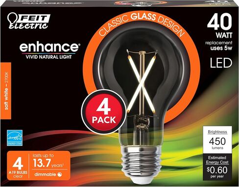 Feit Electric LED Clear A19 Medium Base Light Bulb - 40W Equivalent - 15 Year Life - 450 Lumen - 2700K Soft White - Dimmable | 4-Pack in Kuwait