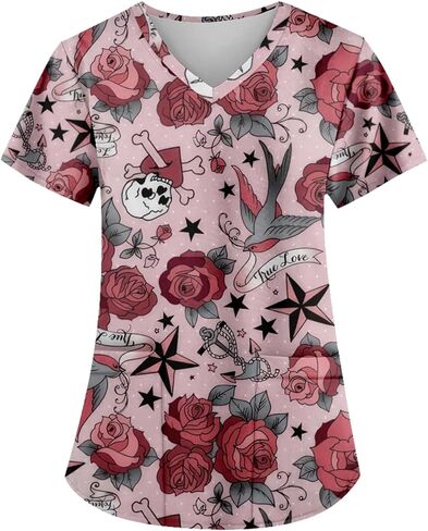 Unisex V-Neck Skull Print Loose Fit Short Sleeve Scrub Shirts Nursing Tops with Pockets in Saudi Arabia