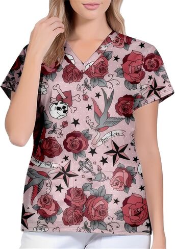 Unisex V-Neck Skull Print Loose Fit Short Sleeve Scrub Shirts Nursing Tops with Pockets in Saudi Arabia