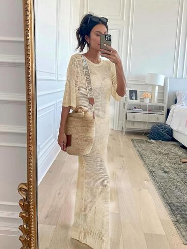 LANNEW Women's Crochet Cover Ups for Bikini Swimsuit Half Sleeve Bathing Suit Rainbow Swimwear Long Beach Dresses in Kuwait