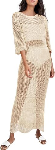 LANNEW Women's Crochet Cover Ups for Bikini Swimsuit Half Sleeve Bathing Suit Rainbow Swimwear Long Beach Dresses in Kuwait