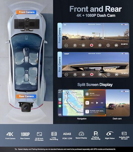 ستيريو سيارة Carplay لاسلكي محمول مع كاميرا داش 4K، Apple CarPlay وAndroid Auto للسيارة، شاشة HD IPS Carplay مقاس 10.26 بوصة للسيارة، كاميرا احتياطية (1080 بكسل)/بلوتوث/AUX/FM، الملاحة، أجهزة استقبال صوت السيارة in Saudi Arabia