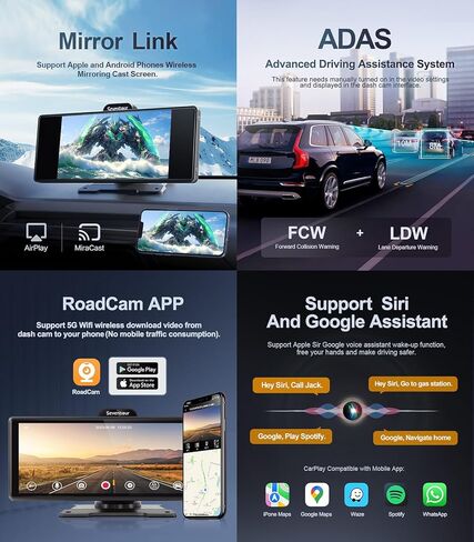 ستيريو سيارة Carplay لاسلكي محمول مع كاميرا داش 4K، Apple CarPlay وAndroid Auto للسيارة، شاشة HD IPS Carplay مقاس 10.26 بوصة للسيارة، كاميرا احتياطية (1080 بكسل)/بلوتوث/AUX/FM، الملاحة، أجهزة استقبال صوت السيارة in Saudi Arabia