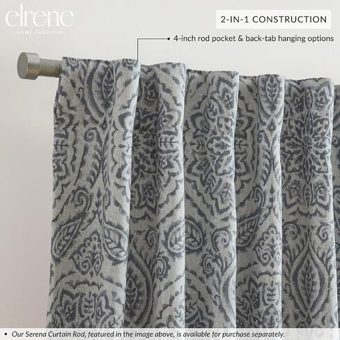 لوحة ستارة نافذة مبطنة بمزيج من الكتان من Elrene Home Fashions Giovanni Medallion، مقاس 52 بوصة × 95 بوصة، رمادي in Saudi Arabia