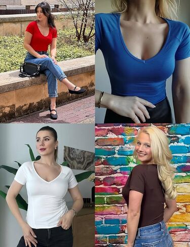 تي شيرت نسائي قصير الأكمام من Ivicoer برقبة على شكل حرف V عميق قصير للخروج ملابس علوية لطيفة للنساء أساسيات تي شيرت ملابس صيفية عصرية in Kuwait