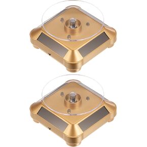 2pcs Solar Display Stand Turntable 3.54" Plate Dia Battery Double Use LED Light 360° Two-Way Rotating ABS Automatic Revolving Display for 3D Print Jewelry Displaying, Gold Tone
