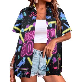 80s 90s Outfits Shirt Women Retro Disco Party Button Up Tshirt Hawaiian Beach Short Sleeve Blouse Top