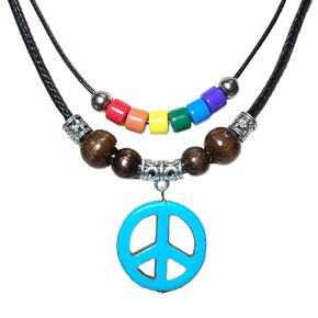 Peace Sign Double Layer Necklace - Peace Symbol Necklace - Stone Peace Sign Pendant - Adjustable Black Cord (Turquoise)